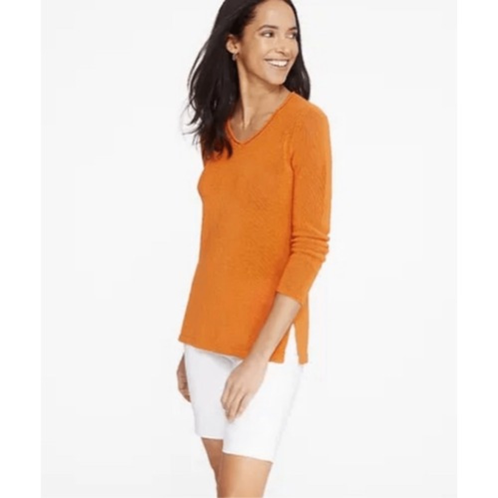 J. McLaughlin Callum Havana‎ Knit Sweater XS Orange V-Neck Long Sleeve Fisherman